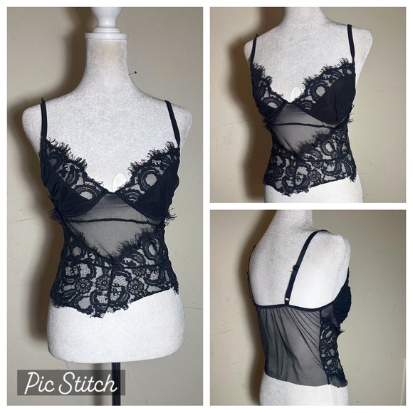 Black lace cropped cami with sheer cutouts, adjustable straps, soft cups sz S - Picture 1 of 5